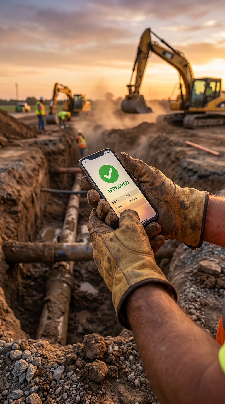 Fälschungssicheres GPS-Foto einer Baugrube mit Zeitstempel und Standortdaten für die Nachtragsdokumentation